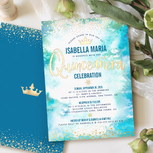 Invitación Con Relieve Metalizado Corona de Quinceañera Turquesa Acuarela Oro Real