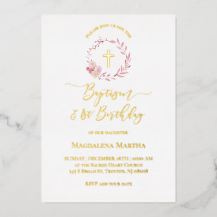 Invitación Con Relieve Metalizado corona de rosa polvorienta   Bautizo y 1er cumplea