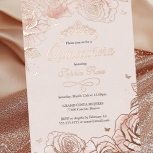 Invitación Con Relieve Metalizado Corona de Rosas Tema Rosado Dorado Quinceañera 