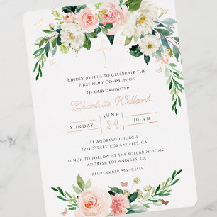 Invitación Con Relieve Metalizado Corona de rubor Rosa Oro Cruz Primera Comunión