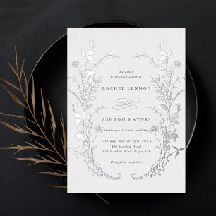 Invitación Con Relieve Metalizado Corona de Silueta de Flores Silvestres Boda Plata