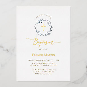 Invitación Con Relieve Metalizado corona de verde azul polvoriento Bautismo