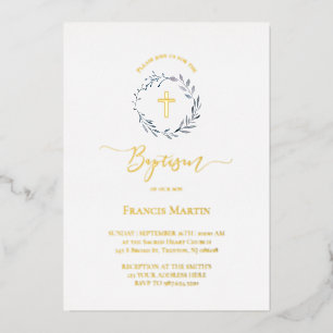 Invitación Con Relieve Metalizado corona de verde dusty blue Bautizo plata