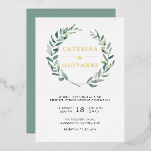 Invitación Con Relieve Metalizado Corona de Verde Salvia Vegetación Rústica Boda Dor