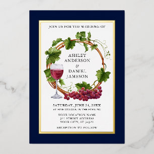 Invitación Con Relieve Metalizado Corona de vides de acuarela Boda azul oro