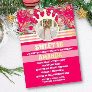 Invitación Con Relieve Metalizado Corona dorada floral rosa princesa Sweet 16 Foto