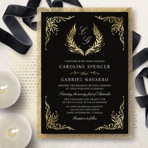 Invitación Con Relieve Metalizado Corona elegante de laurel con monograma