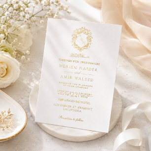 Invitación Con Relieve Metalizado Corona Elegante Monograma Boda Islámica