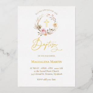 Invitación Con Relieve Metalizado corona floral Bautizo