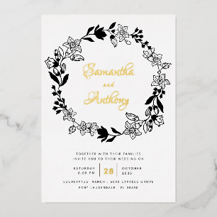 Invitación Con Relieve Metalizado Corona Floral de Boda Elegante Negro Blanco Dorado