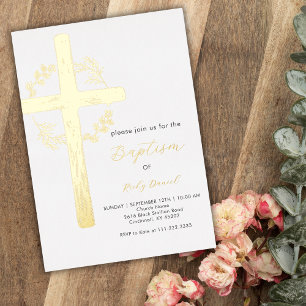 Invitación Con Relieve Metalizado Corona floral de cruz dorada Religioso Simple Baut