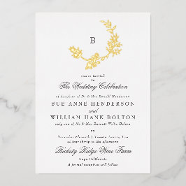 Invitación Con Relieve Metalizado Corona Floral de Oro Clásico Monograma Boda