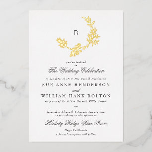 Invitación Con Relieve Metalizado Corona Floral de Oro Clásico Monograma Boda