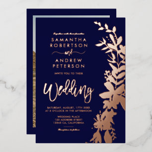 Invitación Con Relieve Metalizado Corona floral de oro rosa chic boda azul marino