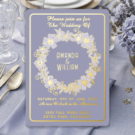 Invitación Con Relieve Metalizado Corona floral de papel de oro boda azul polvorient