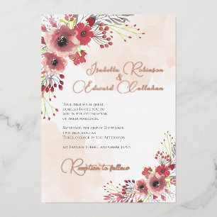 Invitación Con Relieve Metalizado Corona floral de peonía coral elegante boda