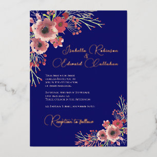 Invitación Con Relieve Metalizado Corona floral de peonía coral elegante boda navy