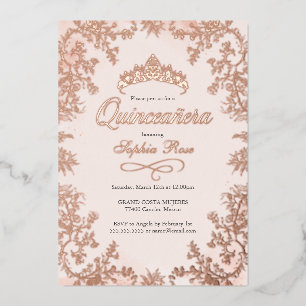 Invitación Con Relieve Metalizado Corona floral de quinceañera de rosa oro rubor 