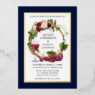 Invitación Con Relieve Metalizado Corona floral de vides de uva acuarela azul dorado
