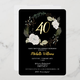 Invitación Con Relieve Metalizado Corona floral dorada moderna para cumpleaños 40