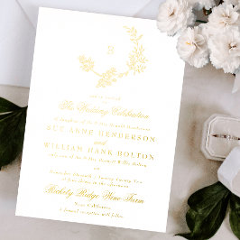 Invitación Con Relieve Metalizado Corona Floral Dorada Monograma Vintage Boda