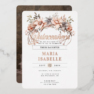 Invitación Con Relieve Metalizado Corona floral elegante para fiesta de Quinceañera
