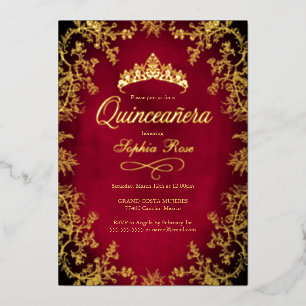 Invitación Con Relieve Metalizado Corona Floral Quinceañera Rojo Real Dorado
