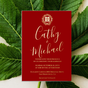 Invitación Con Relieve Metalizado Corona floral roja boda china