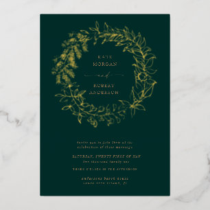 Invitación Con Relieve Metalizado corona floral romántica de boda dorada