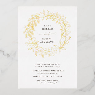 Invitación Con Relieve Metalizado corona floral romántica de boda en oro