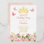 Invitación Con Relieve Metalizado Corona | Mariposas Dulce Floral Rosa 16 Cumpleaños<br><div class="desc">Diseño de "Dulce Fiesta de Cumpleaños 16" con una corona de tiara de Relieve metalizado dorado,  mariposas gradientes rosadas y en el Relieve metalizado dorado inferior con bordes florales de rosa rosado acentuados. Sólo tienes que añadir detalles del fiesta para completar el diseño. Diseño compuesto por Holiday Hearts Designs.</div>
