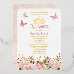 Invitación Con Relieve Metalizado Corona   Mariposas Rosa Flor de Rosa Quinceañera 