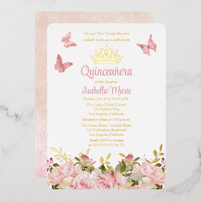 Invitación Con Relieve Metalizado Corona | Mariposas Rosa Floral Quinceañera  (Anverso/Reverso)