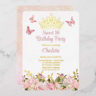 Invitación Con Relieve Metalizado Corona   Mariposas Rosadas Floral Cumpleaños Dulce