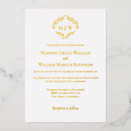 Invitación Con Relieve Metalizado Corona Monograma Romántica de Lujo en Blanco y Oro