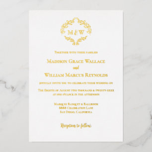 Invitación Con Relieve Metalizado Corona Monograma Romántica de Lujo en Blanco y Oro