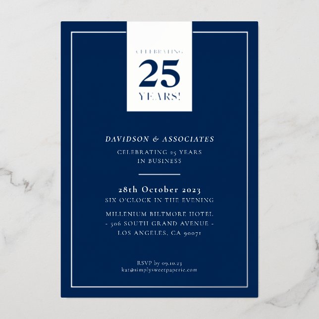 Invitación Con Relieve Metalizado CORPORATE ANNIVERSARY stylish business navy silver (Anverso)