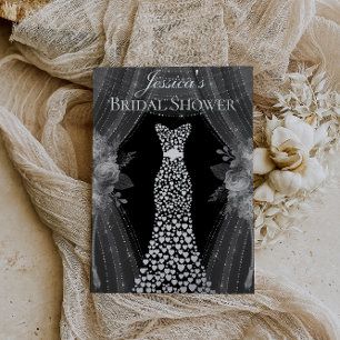 Invitación Con Relieve Metalizado Cortinas Elegantes & Vestido Ducha de Novia Plata