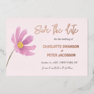 Invitación Con Relieve Metalizado Cosmos de agua rosa Flor de acuarela Save The Date
