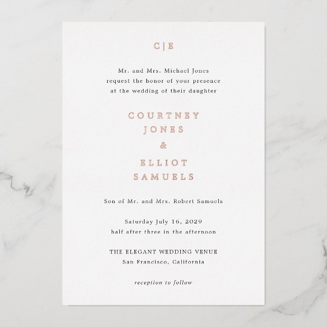Invitación Con Relieve Metalizado Courtney Monogram Elegant Wedding (Anverso)