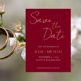 Invitación Con Relieve Metalizado Cranberry Red Simple Style Wedding Save the Date