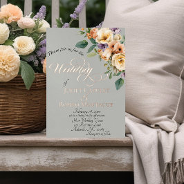 Invitación Con Relieve Metalizado Cream Floral & Wreath Monogram - Sage