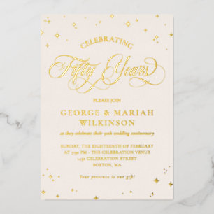 Invitación Con Relieve Metalizado Cream Gold Stars 50° aniversario de Boda
