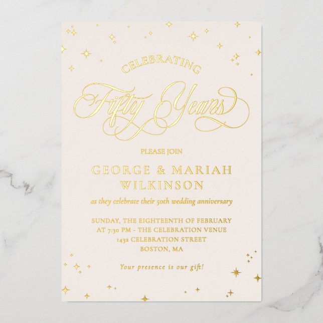 Invitación Con Relieve Metalizado Cream Gold Stars 50° aniversario de Boda (Anverso)