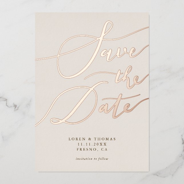 Invitación Con Relieve Metalizado Cream Save The Date Caligraphy (Anverso)