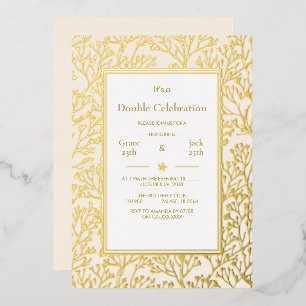 Invitación Con Relieve Metalizado Cream White Elegant Doble Celebración Cumpleaños