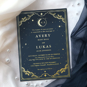 Invitación Con Relieve Metalizado Creciente Luna Celestial Azul Marino Boda Oro