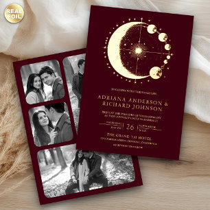 Invitación Con Relieve Metalizado Creciente Luna Celestial Burgundy Boda Oro