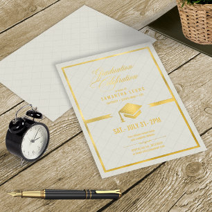 Invitación Con Relieve Metalizado Crema de graduación Gold Cap ID834