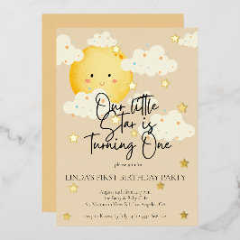 Invitación Con Relieve Metalizado Crema de luna y estrellas primer cumpleaños